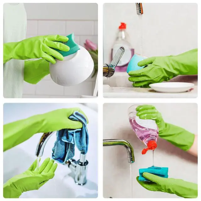 Alt view image 2 of 6 - 2 Pairs of Durable Rubber Gloves, Reusable Non-Slip Cleaning Gloves, Long Sleeve Waterproof Dishwashing Gloves to Protect Your Hands, Soft and Comfortable Premium Kitchen Gloves, Large Green