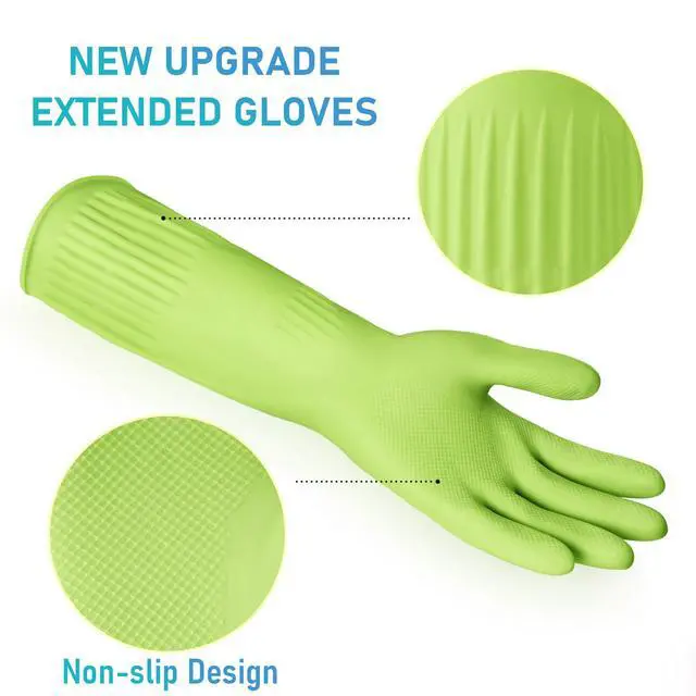 Alt view image 6 of 6 - 2 Pairs of Durable Rubber Gloves, Reusable Non-Slip Cleaning Gloves, Long Sleeve Waterproof Dishwashing Gloves to Protect Your Hands, Soft and Comfortable Premium Kitchen Gloves, Large Green