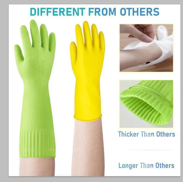 Alt view image 4 of 6 - 2 Pairs of Durable Rubber Gloves, Reusable Non-Slip Cleaning Gloves, Long Sleeve Waterproof Dishwashing Gloves to Protect Your Hands, Soft and Comfortable Premium Kitchen Gloves, Large Green