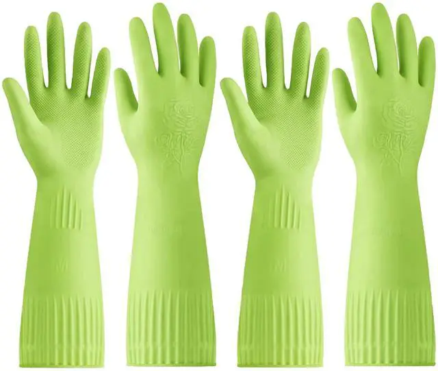 Main image of 2 Pairs of Durable Rubber Gloves, Reusable Non-Slip Cleaning Gloves, Long Sleeve Waterproof Dishwashing Gloves to Protect Your Hands, Soft and Comfortable Premium Kitchen Gloves, Large Green