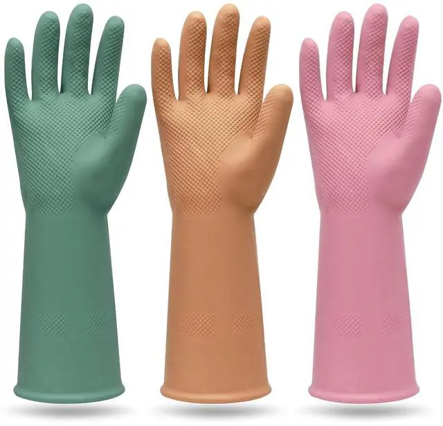 Main image of 3 Pairs Colorful Reusable Waterproof Household Dishwashing Cleaning Rubber Gloves, Non-Slip Kitchen Glove (Medium)