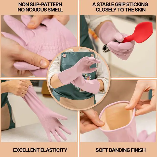 Alt view image 3 of 5 - 3 Pairs Colorful Reusable Waterproof Household Dishwashing Cleaning Rubber Gloves, Non-Slip Kitchen Glove (Medium)