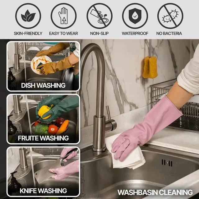 Alt view image 4 of 5 - 3 Pairs Colorful Reusable Waterproof Household Dishwashing Cleaning Rubber Gloves, Non-Slip Kitchen Glove (Medium)