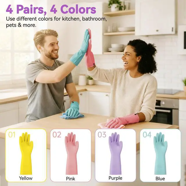 Alt view image 4 of 7 - Dishwashing Rubber Gloves for Cleaning 4 Pairs Kitchen Gloves with Handing Hooks Washing Dishes Household Glove - Medium