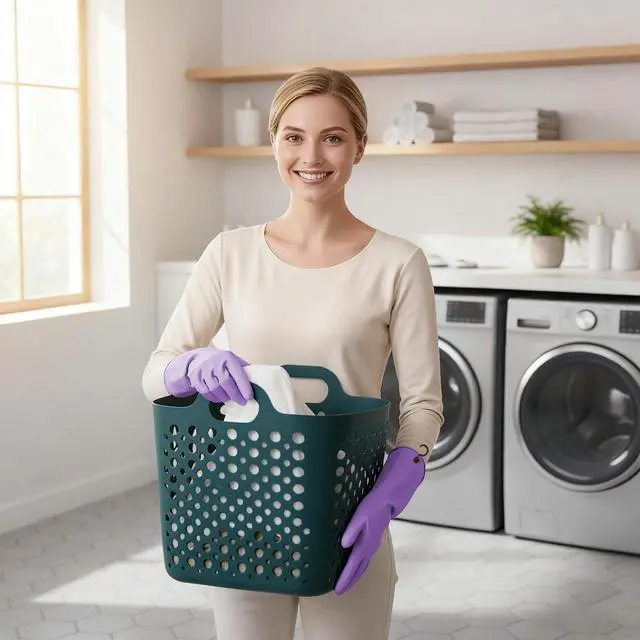Alt view image 7 of 7 - Dishwashing Rubber Gloves for Cleaning 4 Pairs Kitchen Gloves with Handing Hooks Washing Dishes Household Glove - Medium