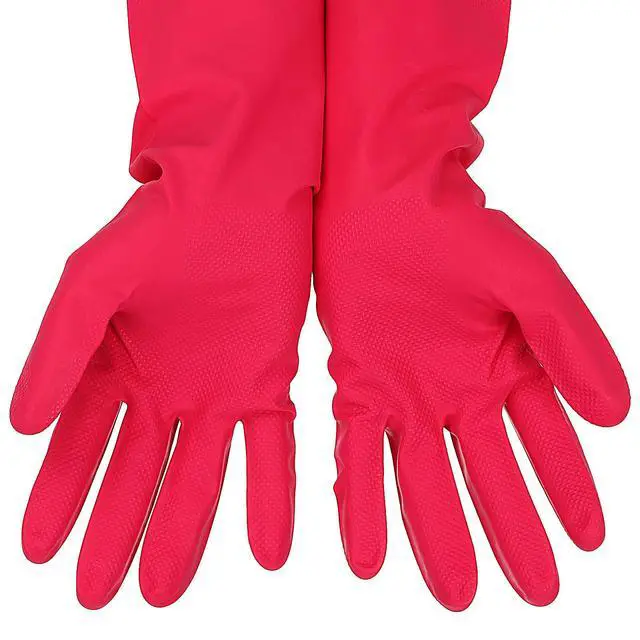 Alt view image 2 of 7 - 3 Pairs Rubber Cleaning Gloves Latex Free Dishwashing Gloves - 13" Reusable Nitrile Gloves Large, Orange+Pink+Red