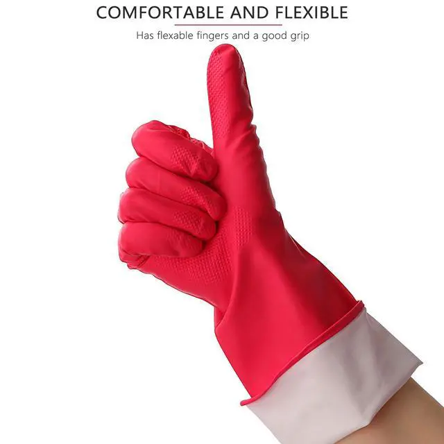 Alt view image 3 of 7 - 3 Pairs Rubber Cleaning Gloves Latex Free Dishwashing Gloves - 13" Reusable Nitrile Gloves Large, Orange+Pink+Red