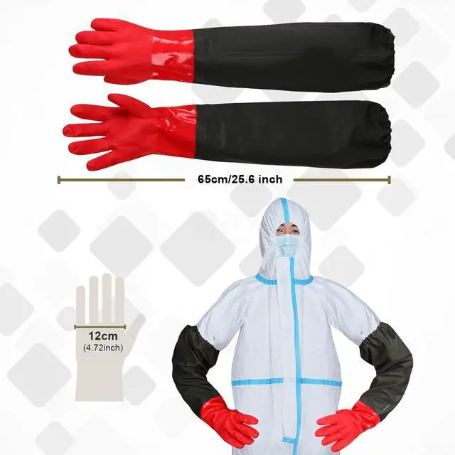 Alt view image 2 of 7 - 25" Extra-Long Waterproof Gloves with Cotton Liner - Heavy Duty, Aquarium & Pond Cleaning, Seafood Working