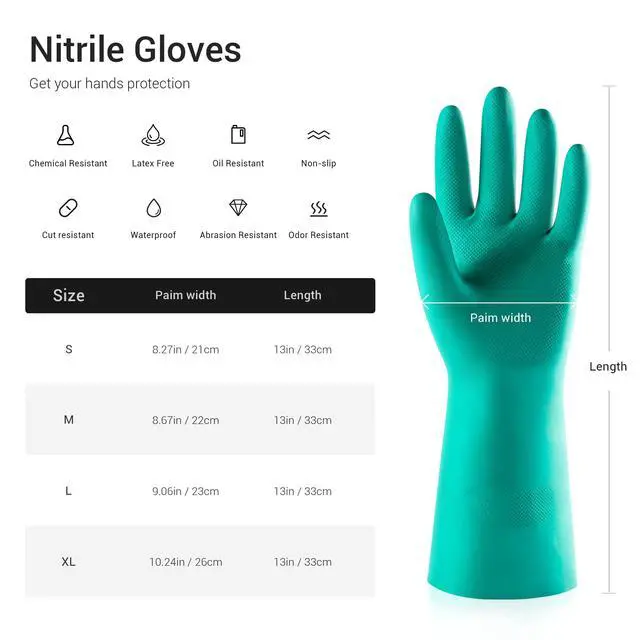 Alt view image 2 of 6 - 5 Pairs Nitrile Chemical Resistant Gloves, 15mil,13", Reusable Latex Rubber Free Heavy Duty Gloves, Acid Alkali Oil Protection, Industrial Use and Household Cleaning, Non-Slip, Medium