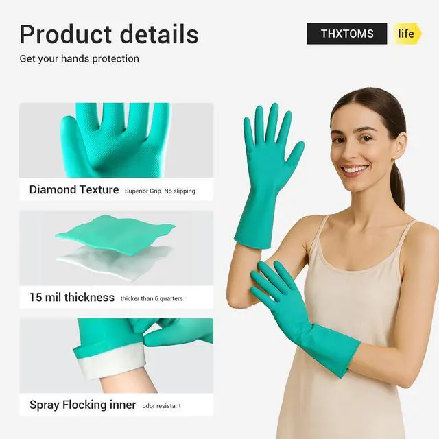 Alt view image 4 of 6 - 5 Pairs Nitrile Chemical Resistant Gloves, 15mil,13", Reusable Latex Rubber Free Heavy Duty Gloves, Acid Alkali Oil Protection, Industrial Use and Household Cleaning, Non-Slip, Medium