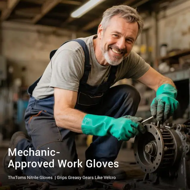Alt view image 6 of 6 - 5 Pairs Nitrile Chemical Resistant Gloves, 15mil,13", Reusable Latex Rubber Free Heavy Duty Gloves, Acid Alkali Oil Protection, Industrial Use and Household Cleaning, Non-Slip, Medium
