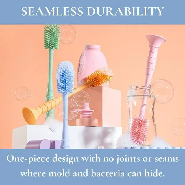 Alt view image 3 of 7 - Nontoxic Silicone Bottle Brush - Premium Medical Grade - BPA & PFAS Free - Suction Cup Base - Easy to Clean and Dishwasher Safe - Tallest Design for Any Bottle - (10.25 in) (Green)