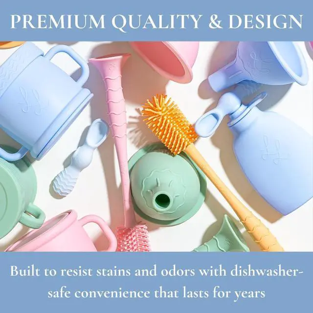 Alt view image 6 of 7 - Nontoxic Silicone Bottle Brush - Premium Medical Grade - BPA & PFAS Free - Suction Cup Base - Easy to Clean and Dishwasher Safe - Tallest Design for Any Bottle - (10.25 in) (Green)