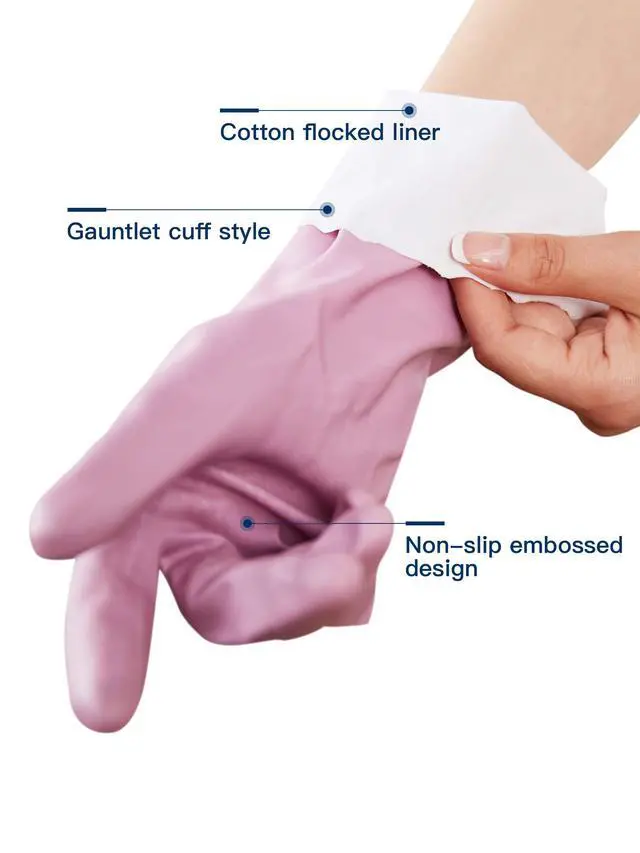 Alt view image 2 of 6 - wahoo Skin-Friendly Cleaning Gloves, Dishwashing Kitchen Gloves with Cotton Flocked Liner, Reusable, Non-Slip, Mauve Mist, Medium