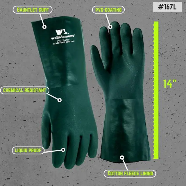 Alt view image 3 of 5 - Heavy Duty 14 PVC Coated Work Gloves | Chemical & Liquid Resistant, Cotton Lined | Men's Large (167L)