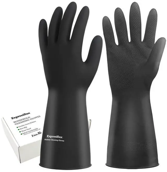 Main image of Heavy-Duty Thick Black Rubber Cleaning Gloves, 3 Pairs, XL