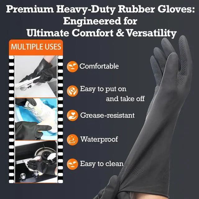 Alt view image 5 of 7 - Heavy-Duty Thick Black Rubber Cleaning Gloves, 3 Pairs, XL