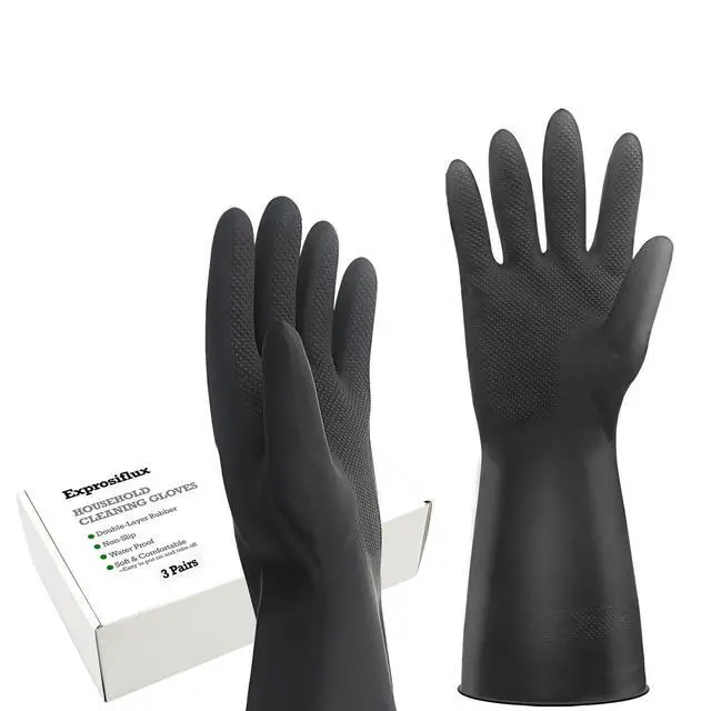 Alt view image 7 of 7 - Heavy-Duty Thick Black Rubber Cleaning Gloves, 3 Pairs, XL