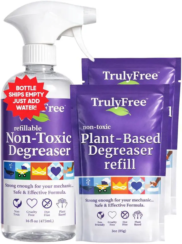 Main image of Heavy Duty Degreaser - Grease Remover & Grime Cleaner for Kitchen, Automotive & More, Household Cleaning Supplies, Fragrance-Free, Includes 16 oz Reusable Empty Bottle + Two Fills, 3 oz ea.