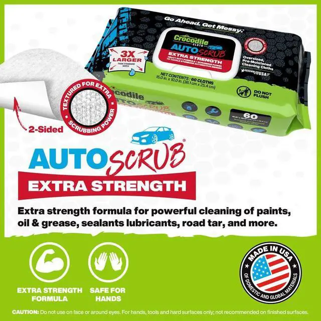 Alt view image 3 of 7 - AutoSCRUB Cleaning Wipes 60-Count (15 x 10) Cleaning Cloths Remove Oil, Grease, Paint, Tar, Brake Dust, Hydraulic Fluid, Silicone, Sealants & Road Grime from Tools & Hands
