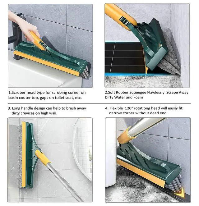 Alt view image 2 of 6 - 2 in 1 Floor Brush Scrubber with Long Handle Grout Brush 3 Poles 53.5'' New Upgrade Stiff Bristle Cleaning Scrub Brush with Squeegee 120°Rotating Tile Brush for Cleaning Bathroom Glass Patio Kitchen