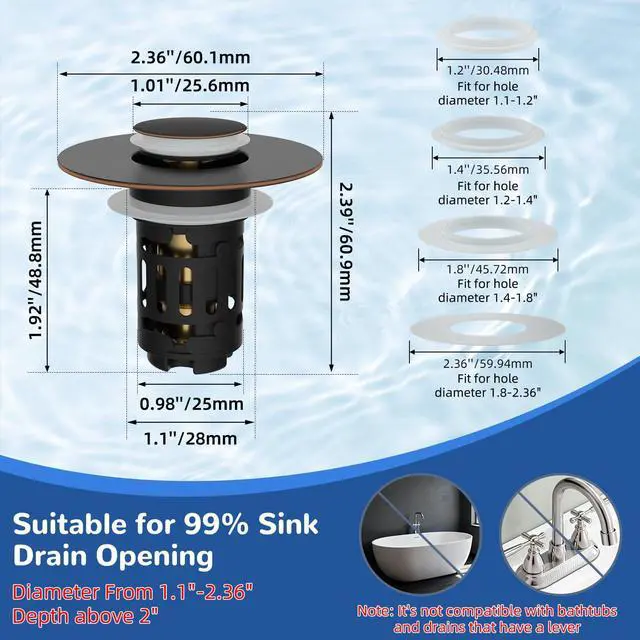 Alt view image 6 of 7 - Upgraded 3 in 1 Bathroom Sink Drain Strainer, Universal Pop Up Stopper with Removable Stainless Steel Filter Basket Hair Catcher, Sink Plug for 1.1''~2.36'' Basin, Oil-Rubbed Bronze