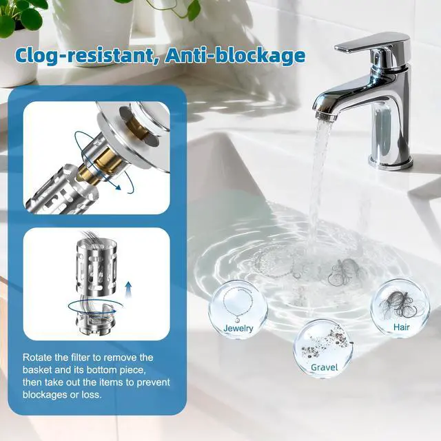 Alt view image 2 of 7 - 2 Pack Universal Bathroom Sink Drain Strainer, 3 in 1 Pop Up Stopper with Removable Stainless Steel Filter Basket, Brass Bullet Core, Hair Catcher Sink Plug for 1.1''~2.36'' Hole, Chrome