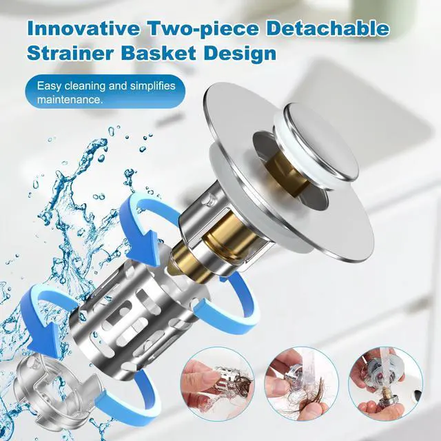 Alt view image 3 of 7 - 2 Pack Universal Bathroom Sink Drain Strainer, 3 in 1 Pop Up Stopper with Removable Stainless Steel Filter Basket, Brass Bullet Core, Hair Catcher Sink Plug for 1.1''~2.36'' Hole, Chrome