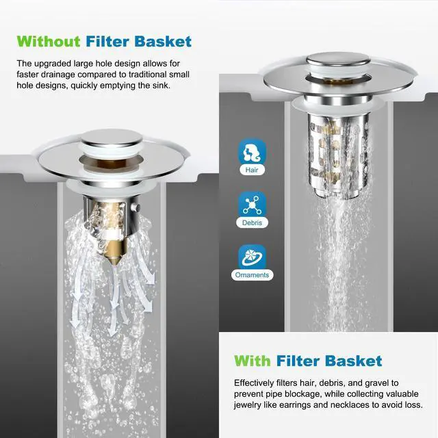 Alt view image 4 of 7 - 2 Pack Universal Bathroom Sink Drain Strainer, 3 in 1 Pop Up Stopper with Removable Stainless Steel Filter Basket, Brass Bullet Core, Hair Catcher Sink Plug for 1.1''~2.36'' Hole, Chrome