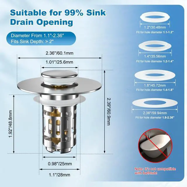 Alt view image 7 of 7 - 2 Pack Universal Bathroom Sink Drain Strainer, 3 in 1 Pop Up Stopper with Removable Stainless Steel Filter Basket, Brass Bullet Core, Hair Catcher Sink Plug for 1.1''~2.36'' Hole, Chrome