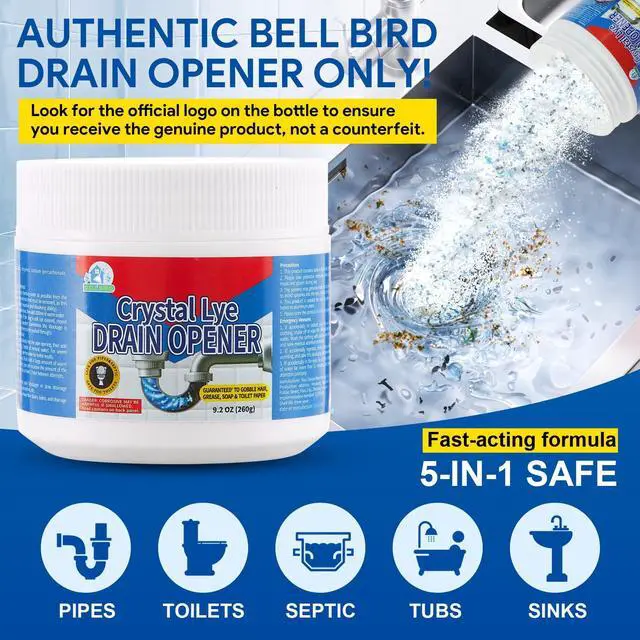 Alt view image 3 of 7 - BELL BIRD Drain Opener, 9.2oz Crystal Lye Sodium Hydroxide, Clog Remover for Sinks, Drains, Showers & Bathtubs, Heavy Duty Pipe Cleaner (1 PCS)