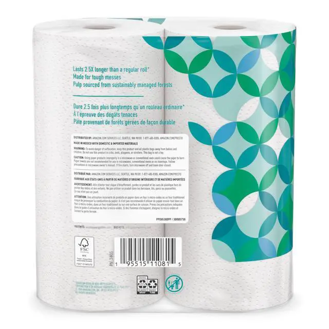 Alt view image 2 of 6 - Amazon Brand - Presto! Flex-a-Size Kitchen Paper Towels, 2-Ply, Strong and Absorbent, 128 Sheet Family Roll, 2 Rolls