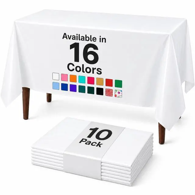 Main image of White Premium Plastic Tablecloths 10 Pack, 54 x 108 Inch Rectangle Disposable Table Covers for 8FT Tables, Waterproof Spill-Proof, Easy Cleanup for Birthday, Parties and Weddings