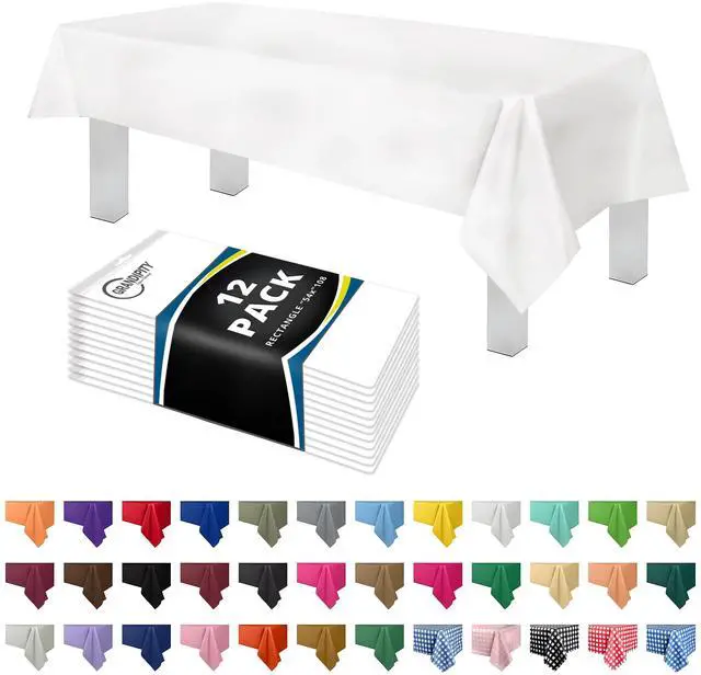 Main image of 12 Pack Premium Disposable Plastic Tablecloth 54 Inch. x 108 Inch. with 0.3mm Thickness Table Cover - White