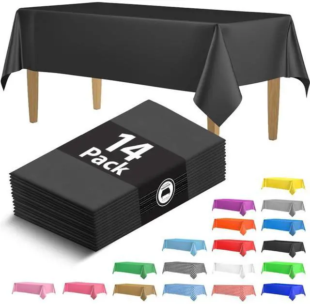 Main image of 14 Pack Black 54 x 108 in. Rectangle Disposable Plastic Tablecloths - Smooth Decorative Covers for Parties, Weddings