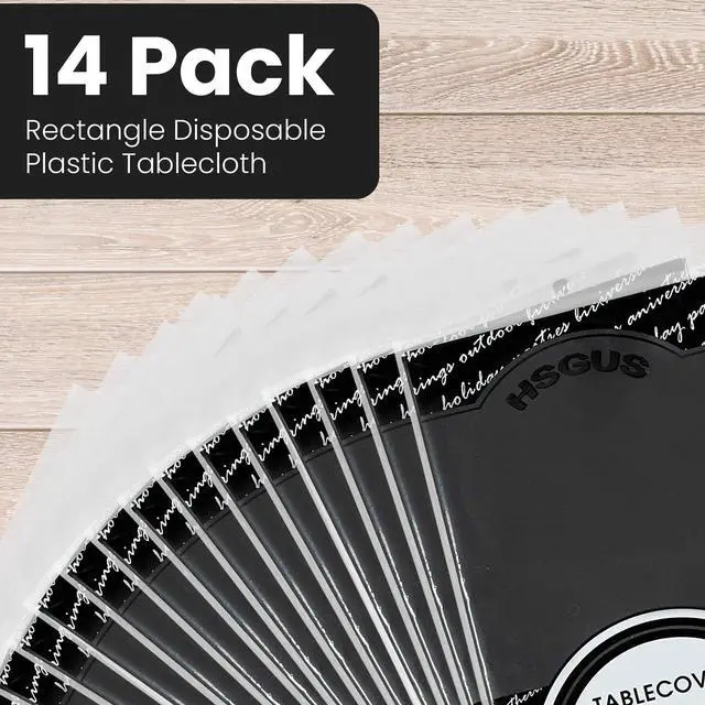 Alt view image 5 of 7 - 14 Pack Black 54 x 108 in. Rectangle Disposable Plastic Tablecloths - Smooth Decorative Covers for Parties, Weddings