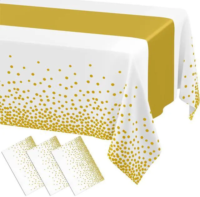 Main image of Plastic Table Cloth Disposable 3 Pack, 54 x 108 Inch Rectangle Waterproof Tablecloth, Printed Gold Table Runner Style for Birthday Weeding, Party Decorations, Leakproof & Sturdy, White and Gold