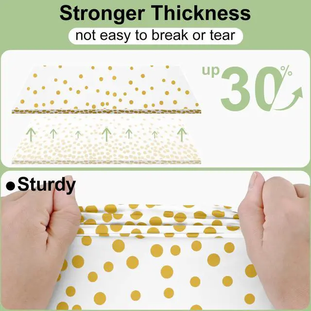 Alt view image 3 of 7 - Plastic Table Cloth Disposable 3 Pack, 54 x 108 Inch Rectangle Waterproof Tablecloth, Printed Gold Table Runner Style for Birthday Weeding, Party Decorations, Leakproof & Sturdy, White and Gold
