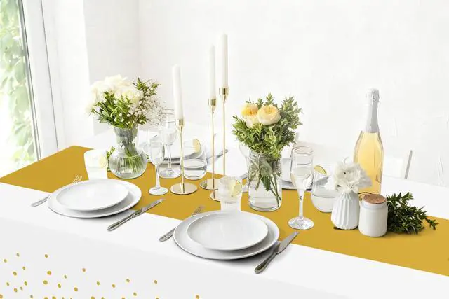 Alt view image 5 of 7 - Plastic Table Cloth Disposable 3 Pack, 54 x 108 Inch Rectangle Waterproof Tablecloth, Printed Gold Table Runner Style for Birthday Weeding, Party Decorations, Leakproof & Sturdy, White and Gold
