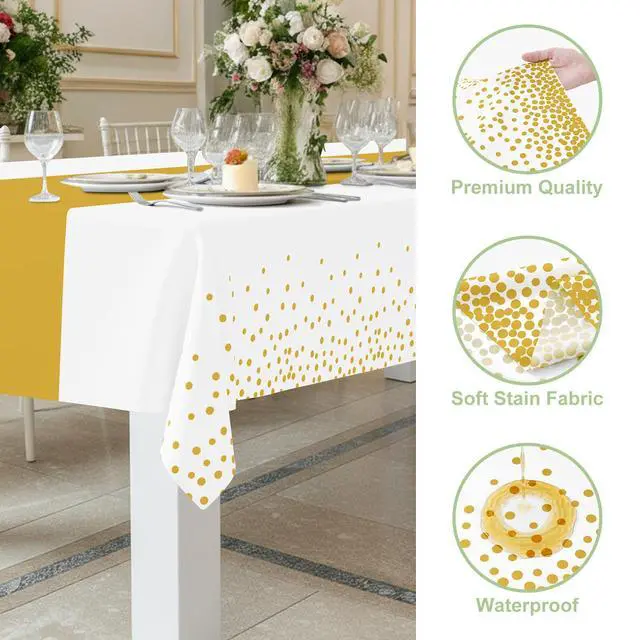 Alt view image 2 of 7 - Plastic Table Cloth Disposable 3 Pack, 54 x 108 Inch Rectangle Waterproof Tablecloth, Printed Gold Table Runner Style for Birthday Weeding, Party Decorations, Leakproof & Sturdy, White and Gold