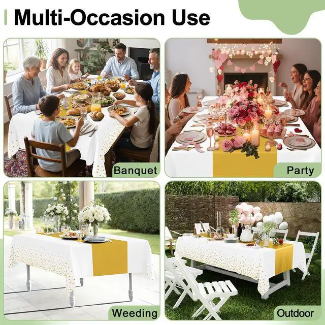 Alt view image 7 of 7 - Plastic Table Cloth Disposable 3 Pack, 54 x 108 Inch Rectangle Waterproof Tablecloth, Printed Gold Table Runner Style for Birthday Weeding, Party Decorations, Leakproof & Sturdy, White and Gold
