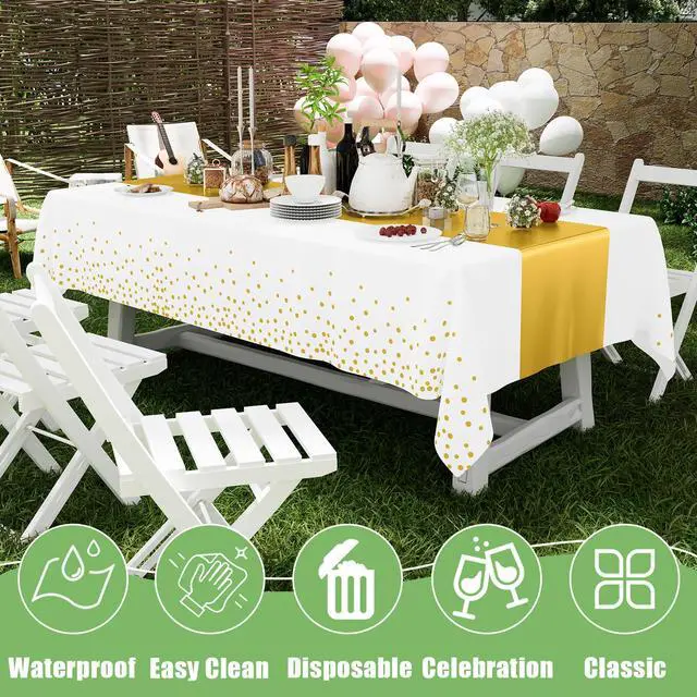 Alt view image 4 of 7 - Plastic Table Cloth Disposable 3 Pack, 54 x 108 Inch Rectangle Waterproof Tablecloth, Printed Gold Table Runner Style for Birthday Weeding, Party Decorations, Leakproof & Sturdy, White and Gold