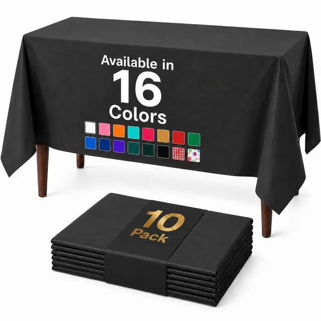Main image of Premium Plastic Tablecloths 10 Pack, 54 x 108 Inch Rectangle Disposable Table Covers for 8FT Tables, Thick & Durable, Waterproof & Spill-Proof, Easy Cleanup for Parties, Wedding, Onyx Black