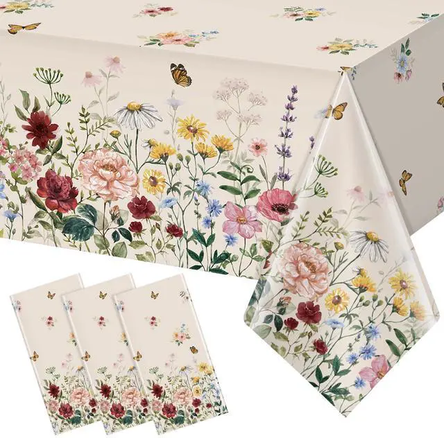 Main image of 3 Pcs Spring Floral Tablecloth, Butterfly Wildflower Plastic Disposable Tablecloth Rectangle Table Covers for Easter, Birthday, Wedding, Mothers Day Tea Party Supplies and Decorations,54 x 108 Inch