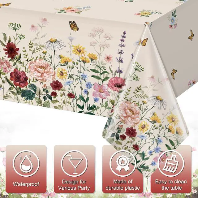 Alt view image 3 of 7 - 3 Pcs Spring Floral Tablecloth, Butterfly Wildflower Plastic Disposable Tablecloth Rectangle Table Covers for Easter, Birthday, Wedding, Mothers Day Tea Party Supplies and Decorations,54 x 108 Inch