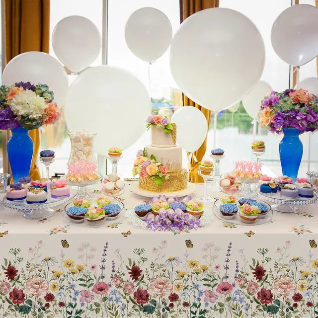 Alt view image 5 of 7 - 3 Pcs Spring Floral Tablecloth, Butterfly Wildflower Plastic Disposable Tablecloth Rectangle Table Covers for Easter, Birthday, Wedding, Mothers Day Tea Party Supplies and Decorations,54 x 108 Inch