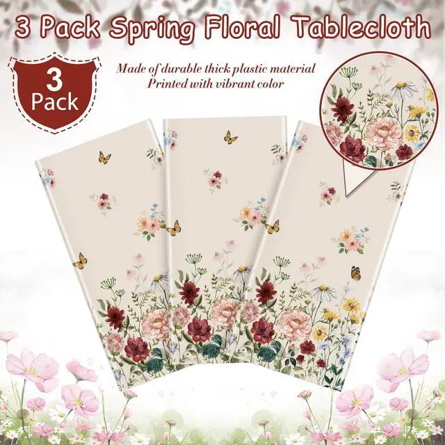 Alt view image 4 of 7 - 3 Pcs Spring Floral Tablecloth, Butterfly Wildflower Plastic Disposable Tablecloth Rectangle Table Covers for Easter, Birthday, Wedding, Mothers Day Tea Party Supplies and Decorations,54 x 108 Inch