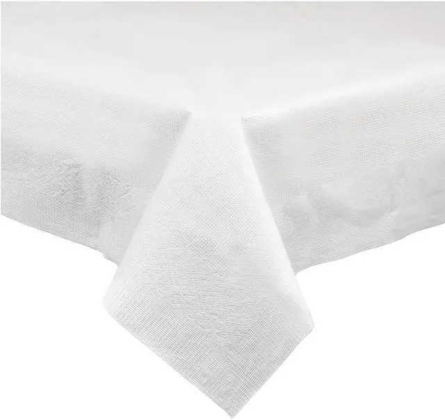 Main image of Disposable 3 Ply Paper & Plastic Tablecloth Absorbent, Waterproof, White Table Cover for Rectangle Tables fits 6-8 Foot Tables Size: 54'' X 108'' Pack of 5