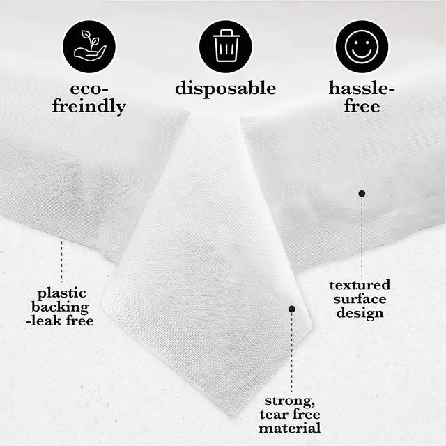 Alt view image 6 of 6 - Disposable 3 Ply Paper & Plastic Tablecloth Absorbent, Waterproof, White Table Cover for Rectangle Tables fits 6-8 Foot Tables Size: 54'' X 108'' Pack of 5