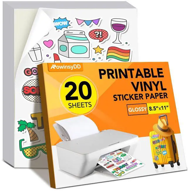 Main image of 20 PCS Sticker Paper for Inkjet Printer, Printable Vinyl Sticker Paper Dries Quickly Vivid Colors, 8.5"x11" Tear Resistant Printable Vinyl, Glossy White, Inkjet & Laser Printer